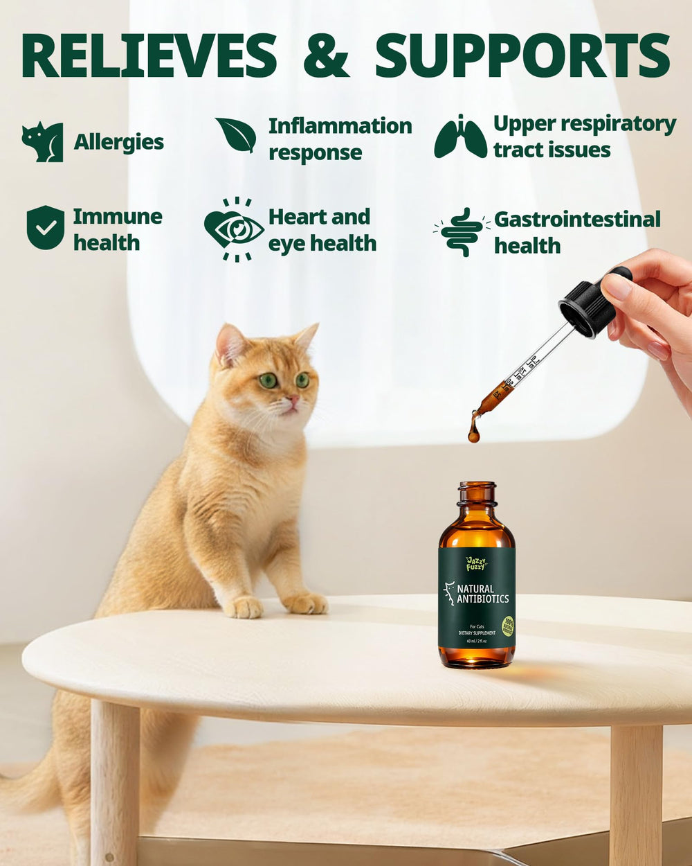 Jazzy Fuzzy Antibiotico para gatos, facilidad de uso diario.