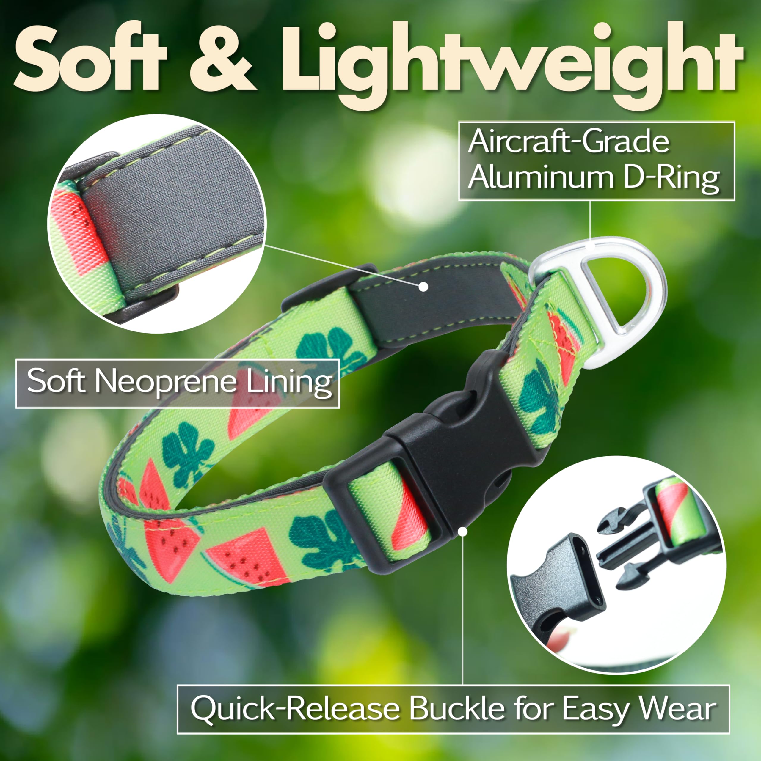 JC HOUSE Watermelon collar front view with 3M reflective logo boosts nighttime visibility.