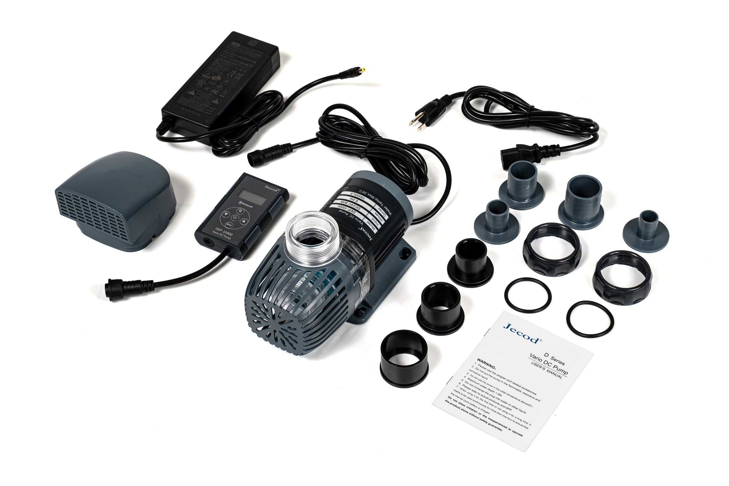 Jebao DEP-10000 adapters show multiple outlet sizes for flexible plumbing.