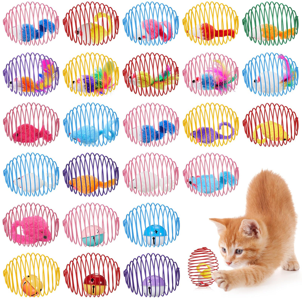 Jecery cat spring ball rolling shows kitten chase energy and playful exercise.