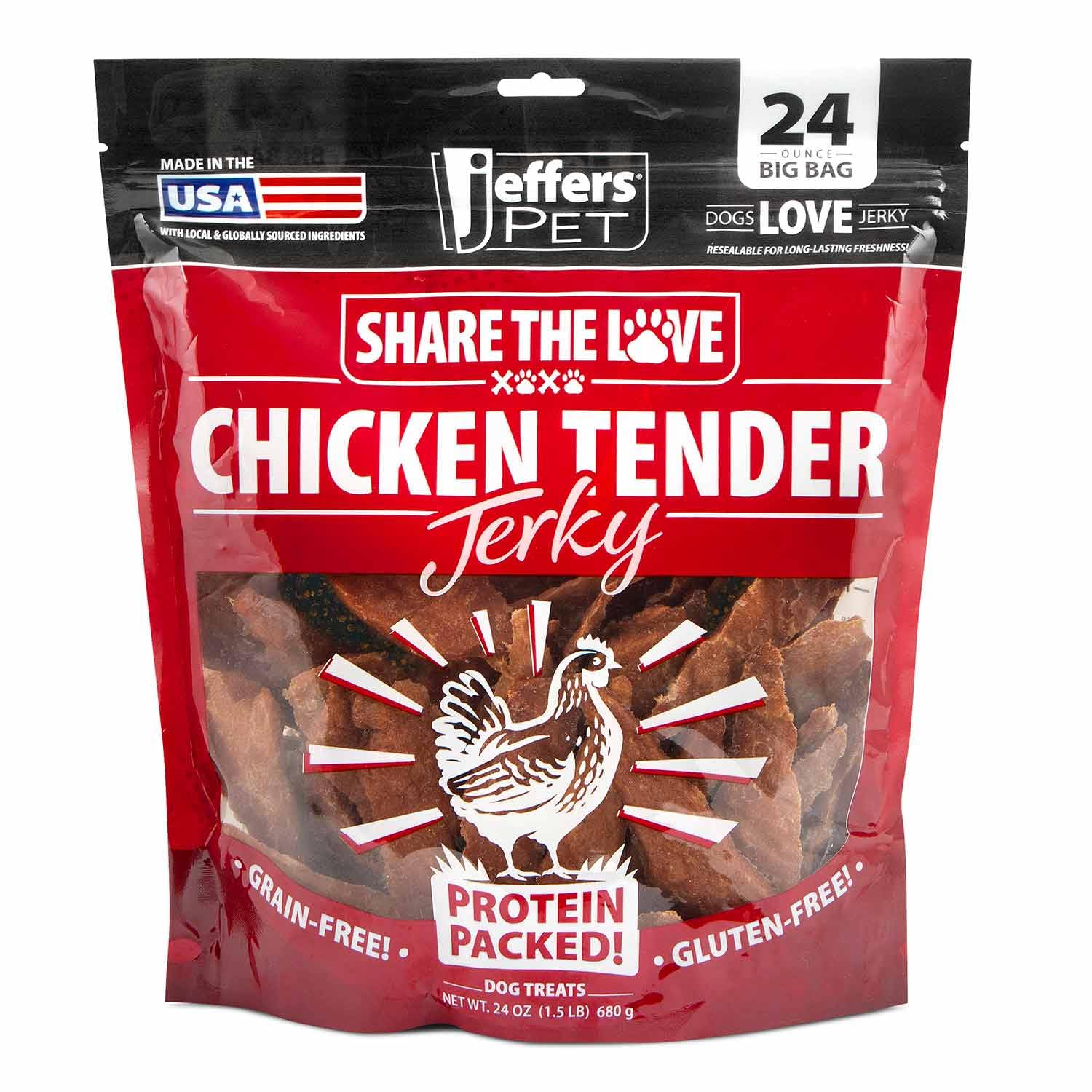 Jeffers Chicken Jerky Dog Treats packaging in resealable bag for travel freshness.