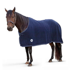 Jeffers Equine Elite fleece cooler blanket adjustable-fit focus provides secure coverage during transport.