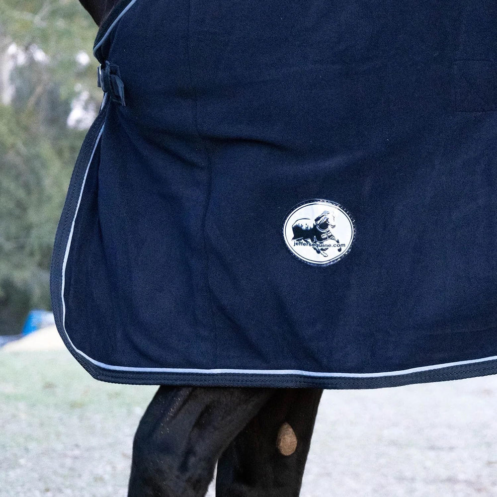 Jeffers Equine Elite navy fleece cooler blanket offers stylish color for stable routines.