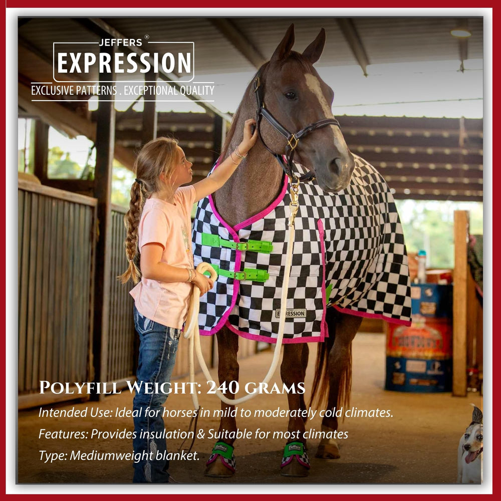 Jeffers Expression waterproof breathable shell protects a horse from wet winter days.