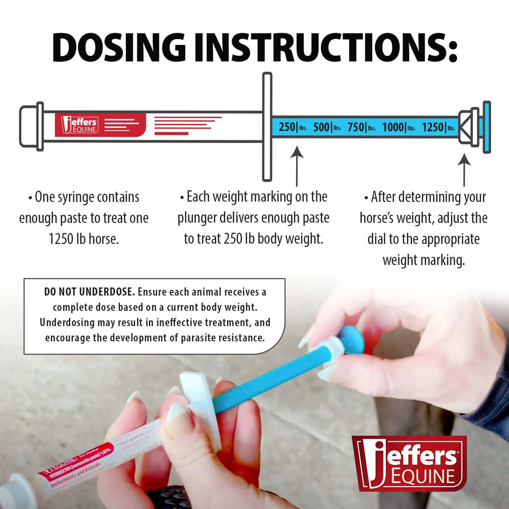 Jeffers mess-free dosing syringe for clean horse deworming.