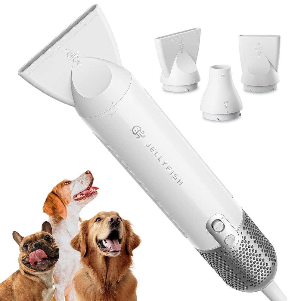 Jellyfish handheld dog dryer front view shows lightweight, easy grip for grooming at home.