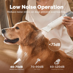 Jellyfish handheld dog dryer side view highlights balanced weight for fatigue-free sessions.