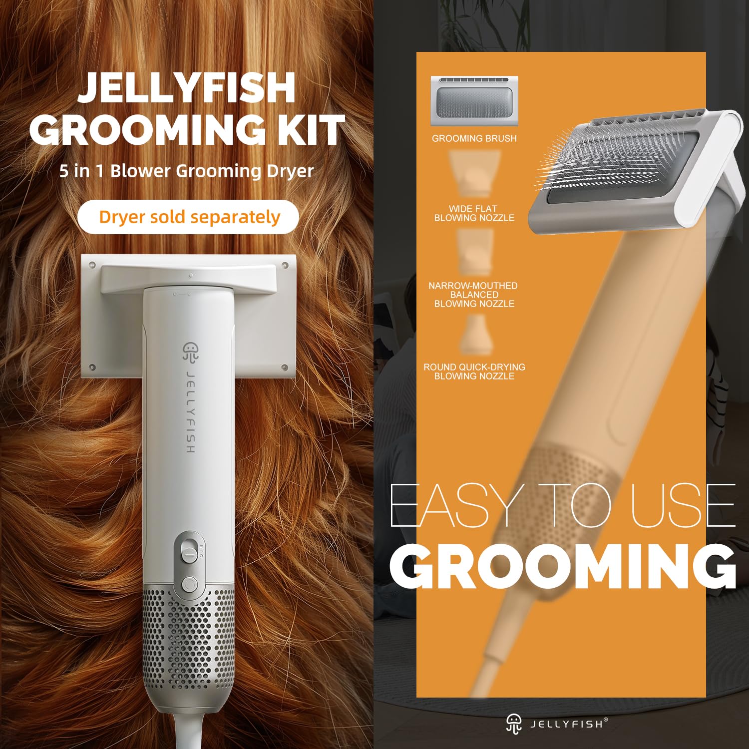 Jellyfish professional grooming brush nozzle portable handle for on-the-go grooming.