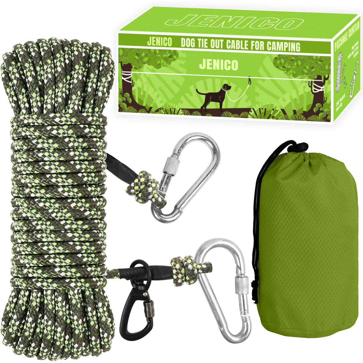 Jenico 100ft dog tie-out cable assembly for secure camping setups.