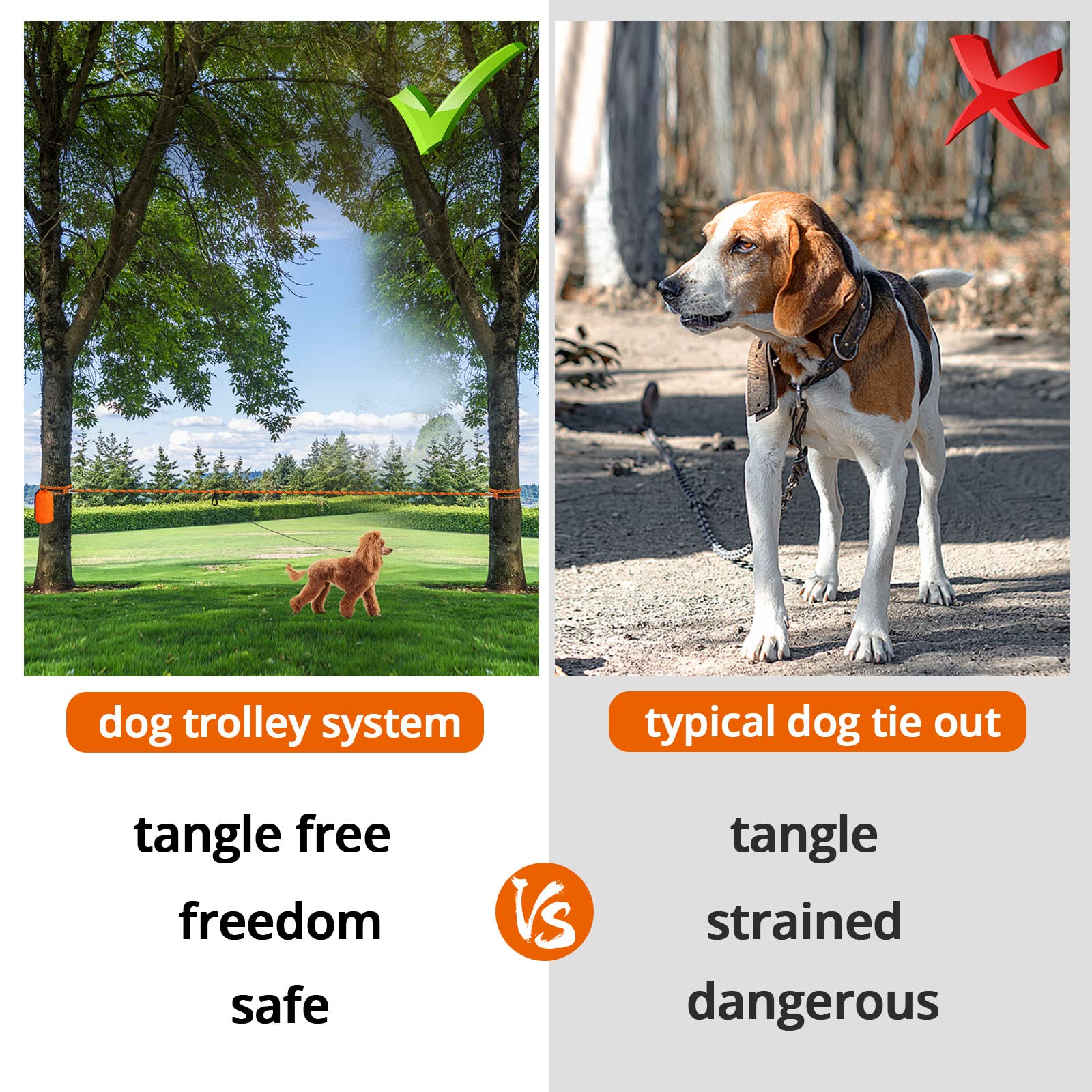 Jenico dog tie out cable 100ft stretched between trees for large outdoor spaces