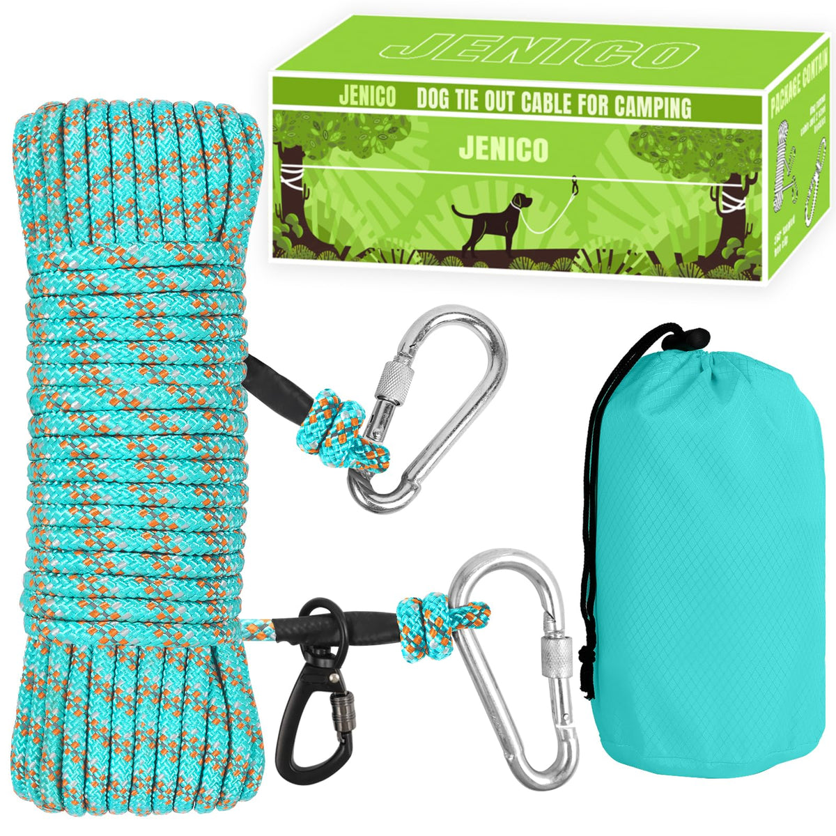 Jenico dog tie-out cable 100ft setup shows quick anchor points for camping adventures.