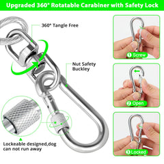 Jenico dog tie out cable 360° rotation prevents tangling during backyard play sessions.
