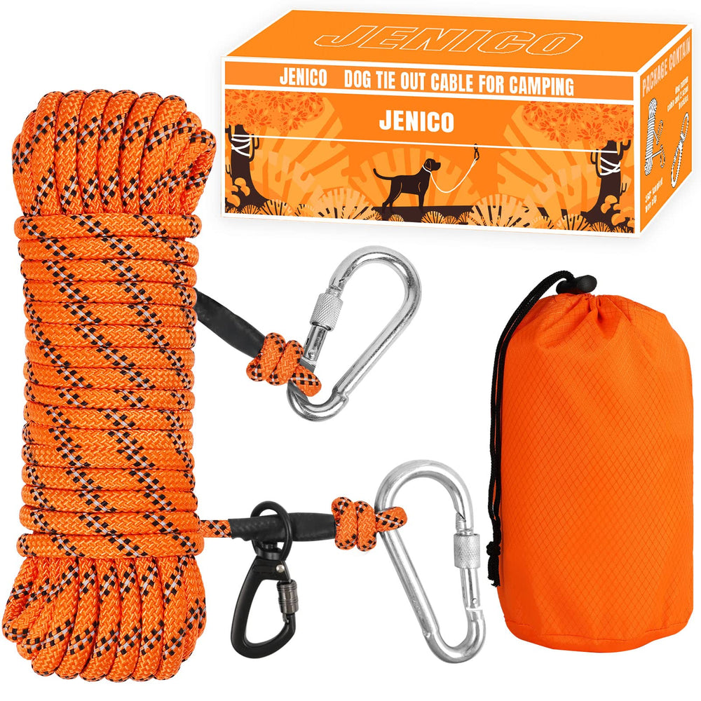 Jenico dog tie out cable 50ft coil shows compact and portable setup