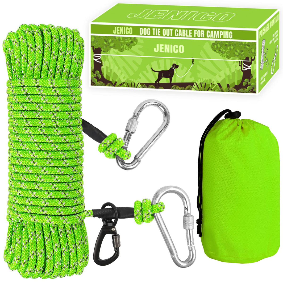 Jenico dog tie-out cable 50ft enhances yard safety with glow-in-the-dark visibility for night safety.
