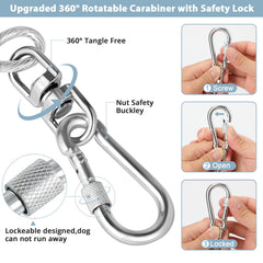 Jenico dog tie out cable heavy-duty carabiner demonstrates secure rotation.