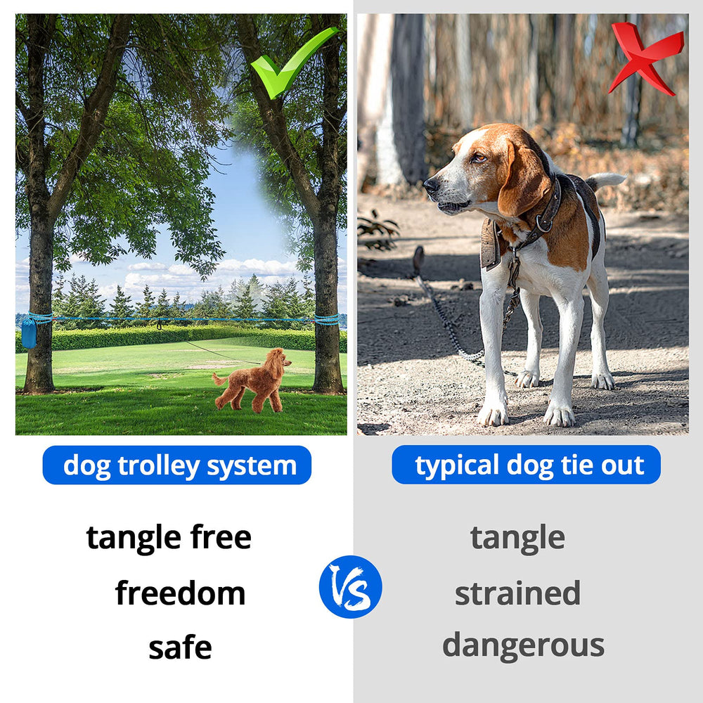 Jenico dog tie out overhead trolley setup shown between trees