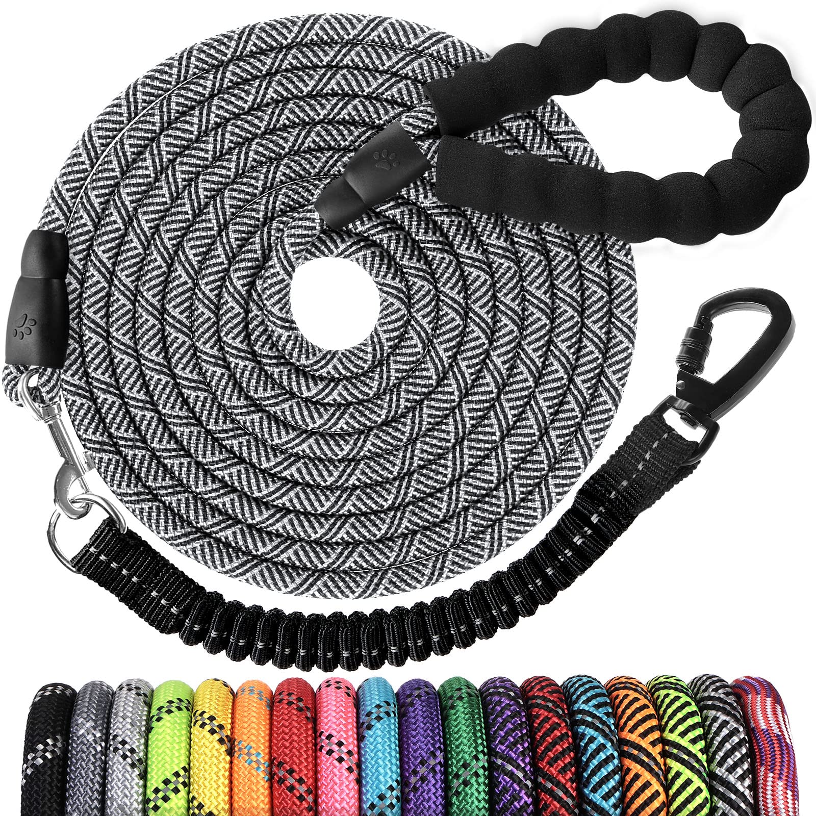 Jenico long dog leash 30ft closed view highlighting sturdy nylon weave and night reflective safety.