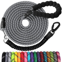 Jenico long dog leash 30ft closed view highlighting sturdy nylon weave and night reflective safety.