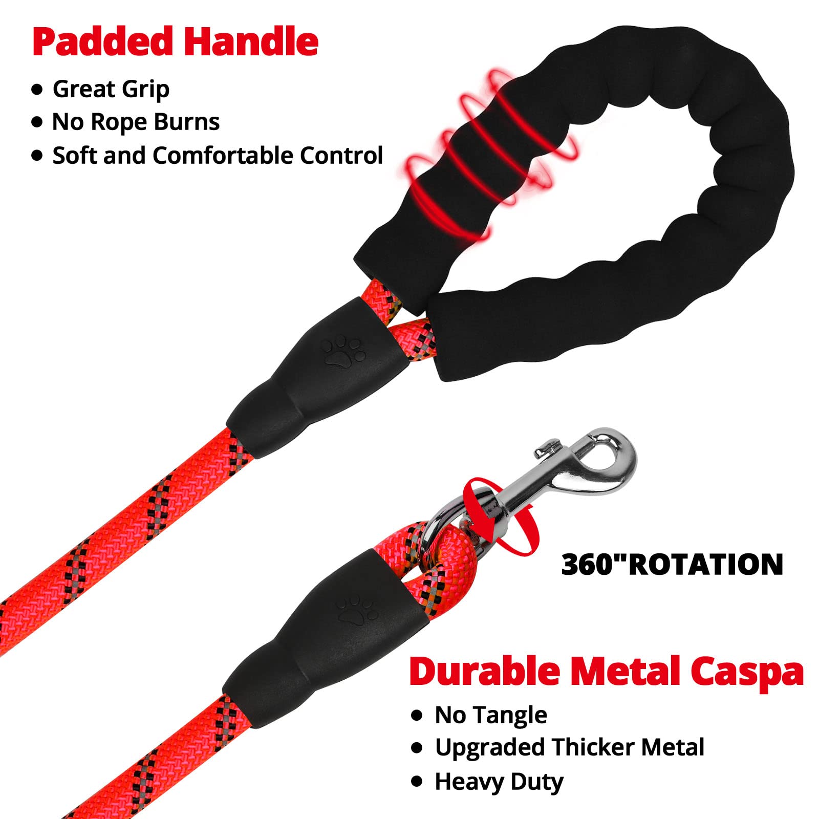 Jenico Long Dog Leash 30ft padded foam handle offers comfortable, secure grip.