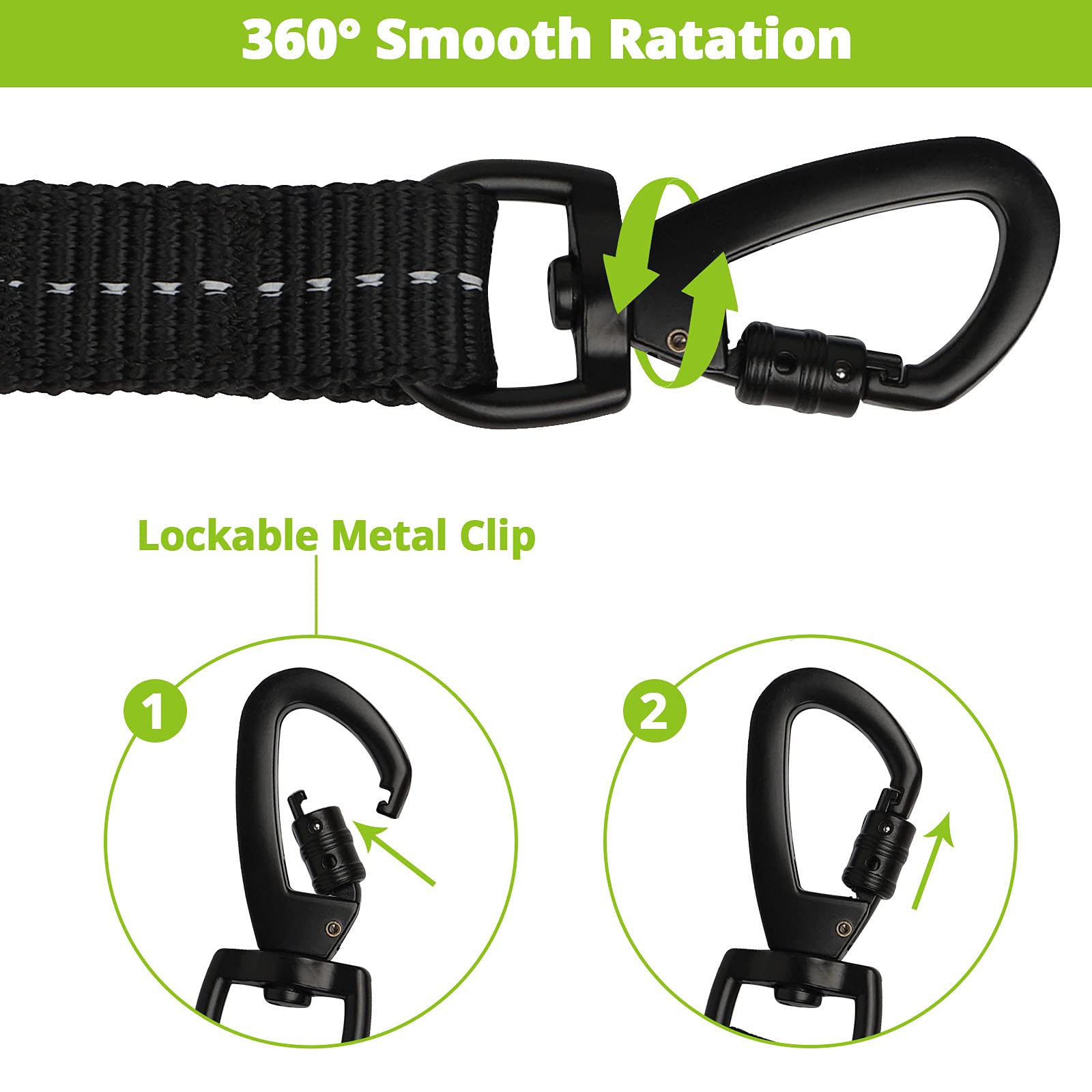 Jenico Long Dog Leash 360-swivel-lockable-hook prevents tangles during runs.