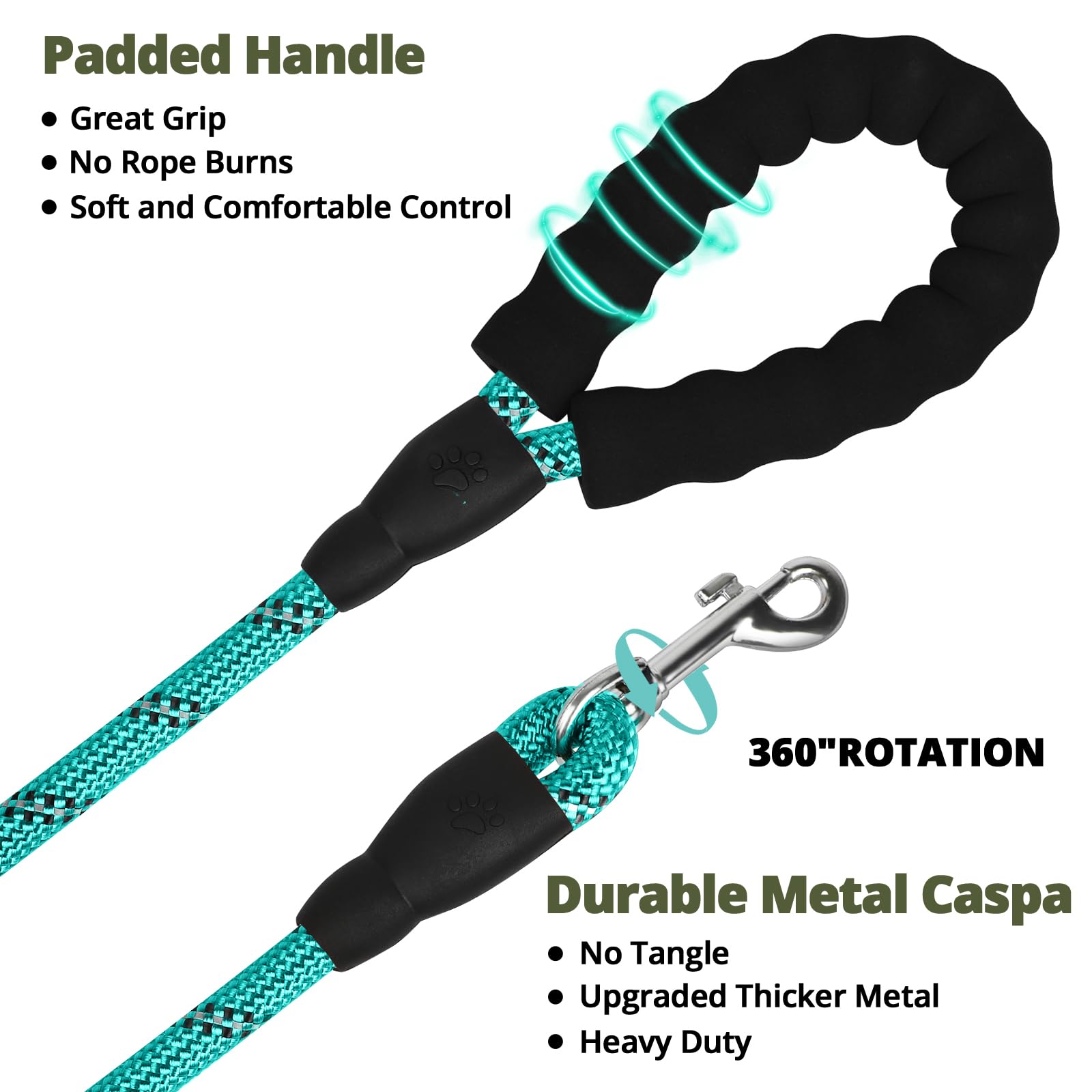 Jenico leash with 360° lockable swivel hook reduces tangling during runs.
