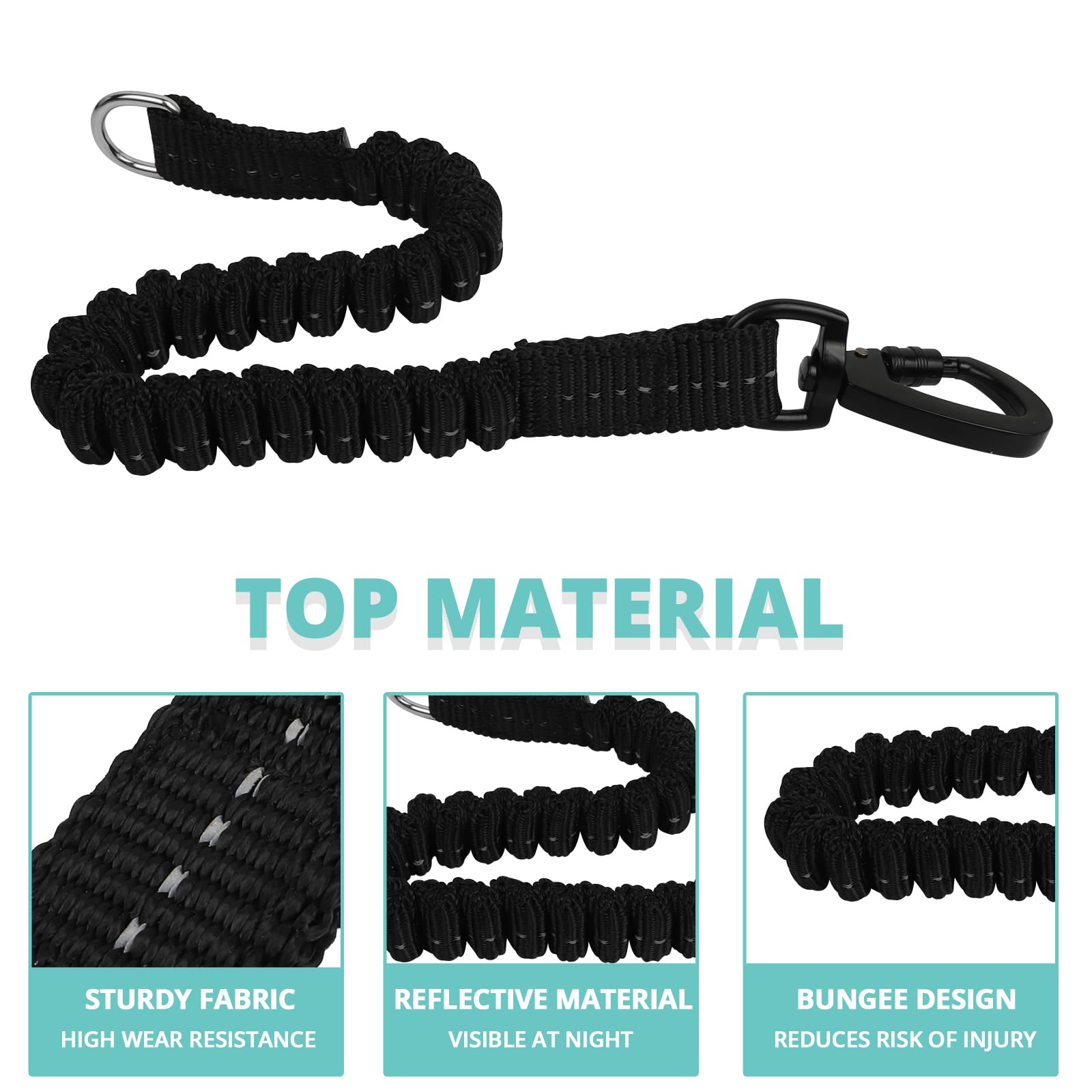 Jenico leash features reflective stitching for high visibility in low light.