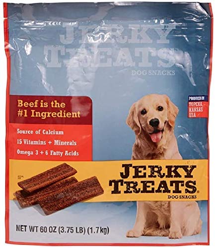 Jerky Treats Tender Strips beef package highlighting omega-3/6 for healthy coat and skin