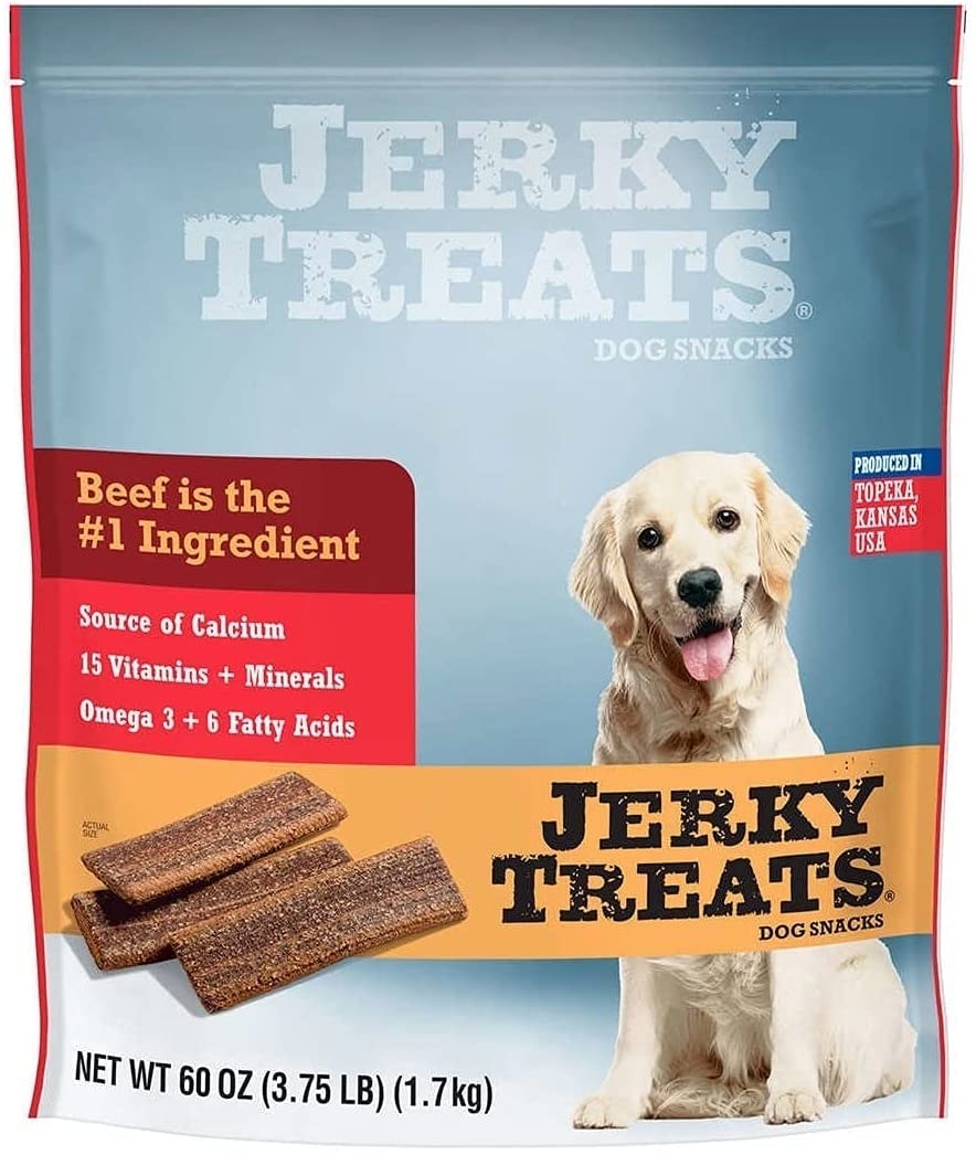 Jerky Treats Tender Strips served dog snack image shows protein-rich rewards for praise.