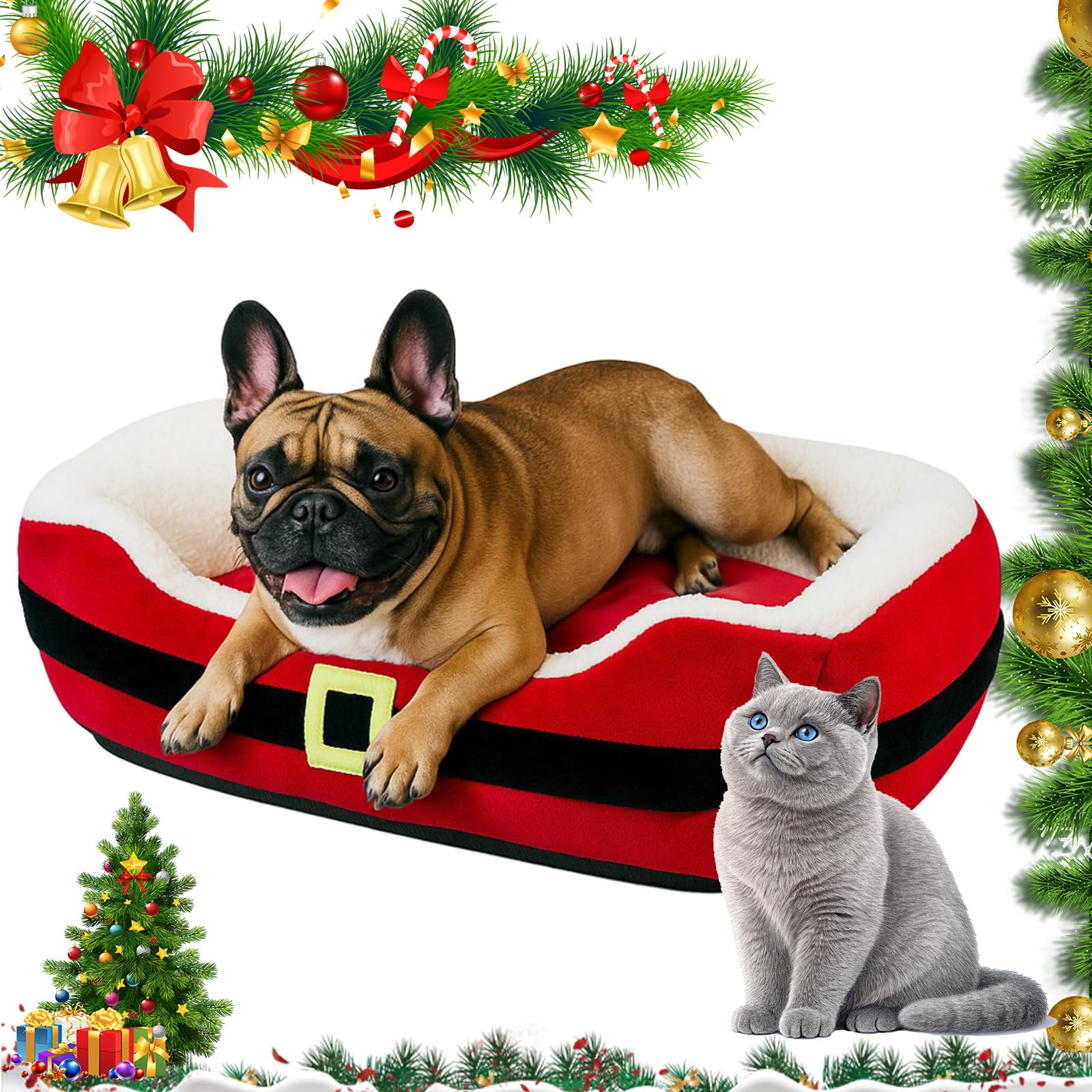 Jetec 26-inch Christmas dog bed front view with Santa belt design for cozy holiday lounging.