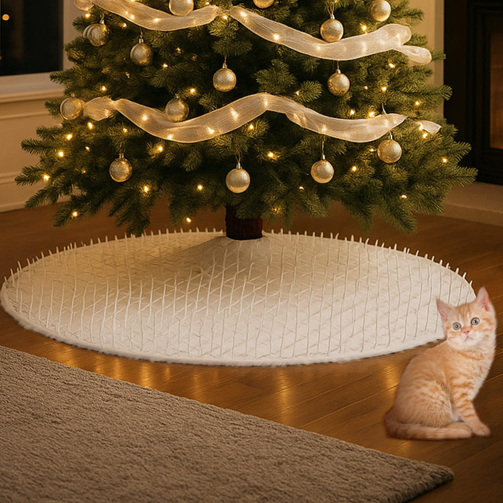 Jetec tree protection setup around delicate ornaments shows a calm, pet-safe holiday display.