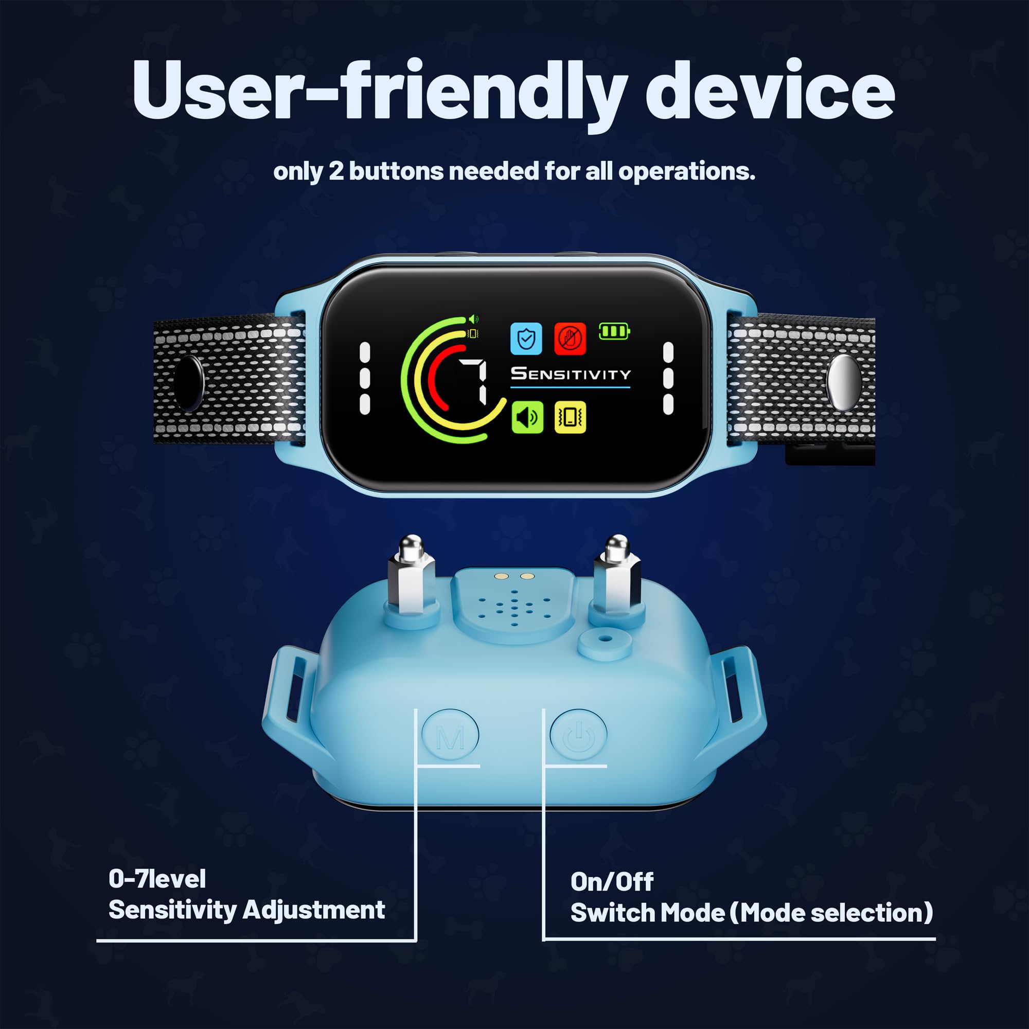 JEUJE bark collar blue dial controls illustrates 7-level sensitivity for tailored control