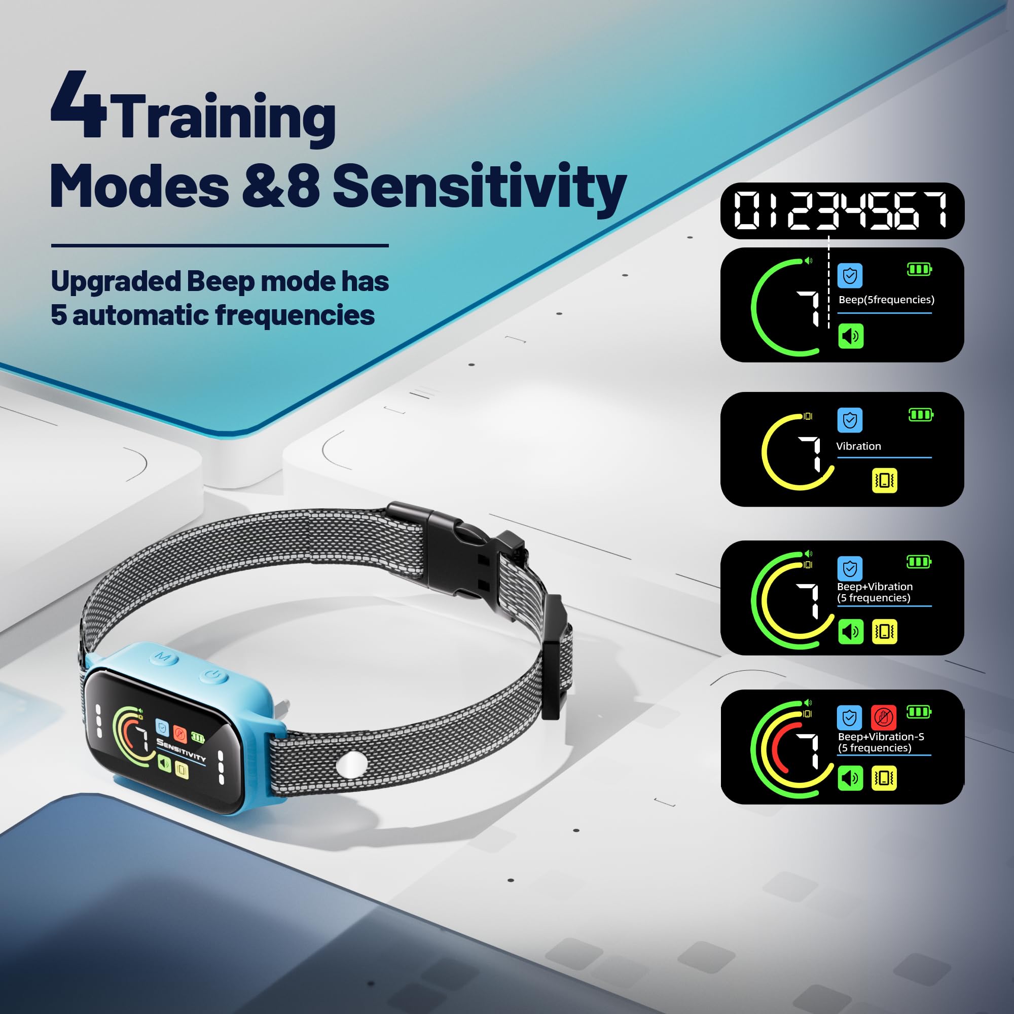 JEUJE bark collar blue safety modes display shows humane training options