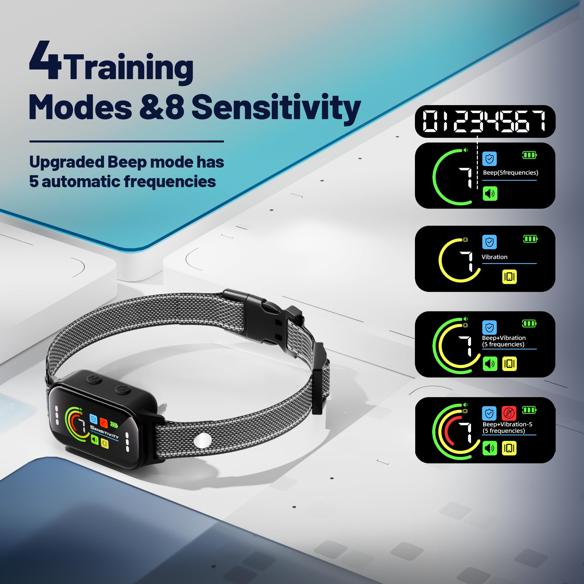 JEUJE Bark Collar on dog with seven sensitivity levels.