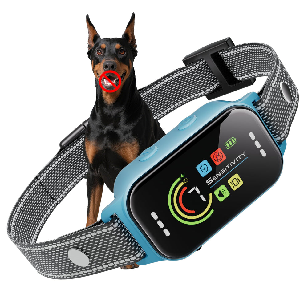 JEUJE dog bark collar blue front view shows compact design for daily training