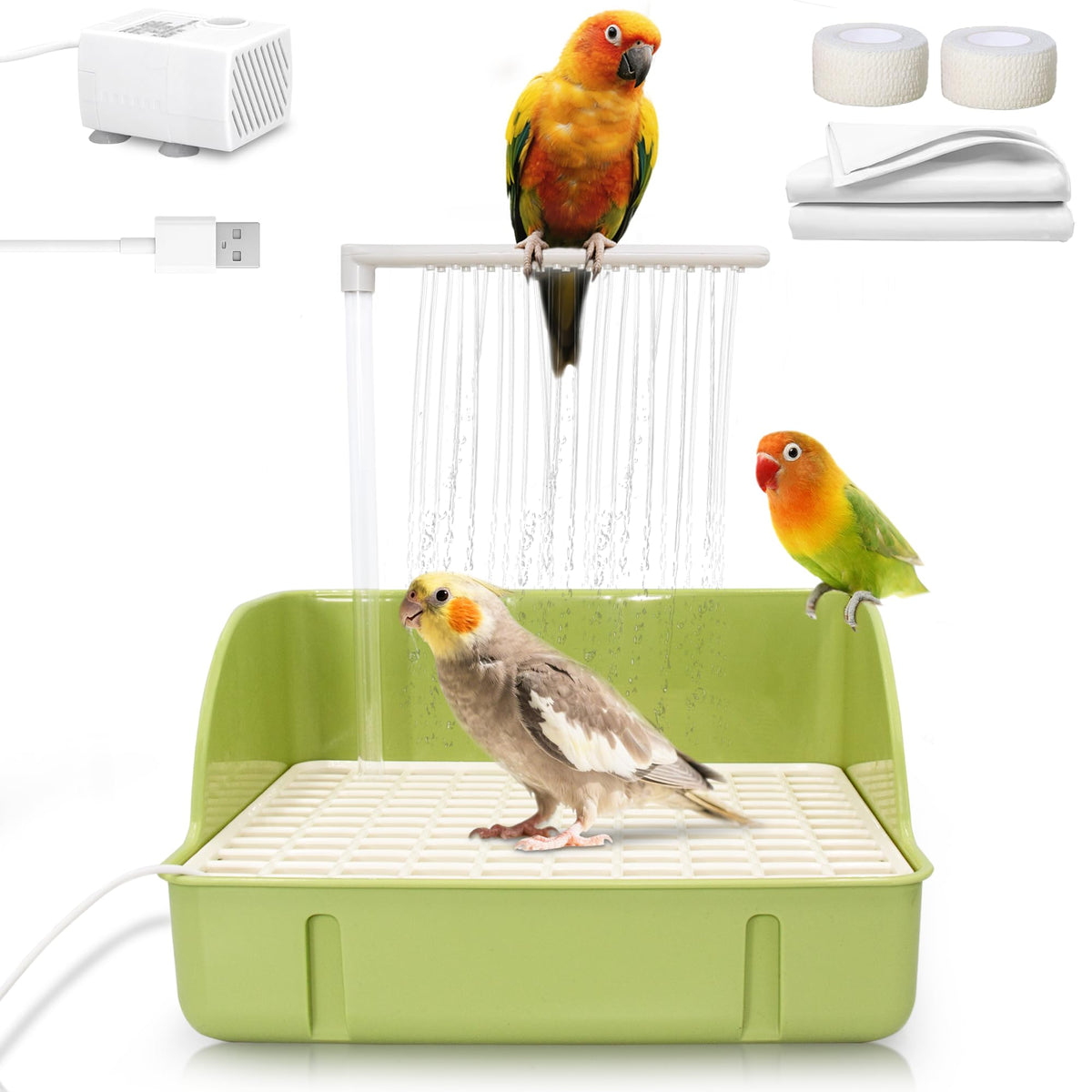 Jevnd automatic parakeet bath pump shows consistent water flow for easy bathing.