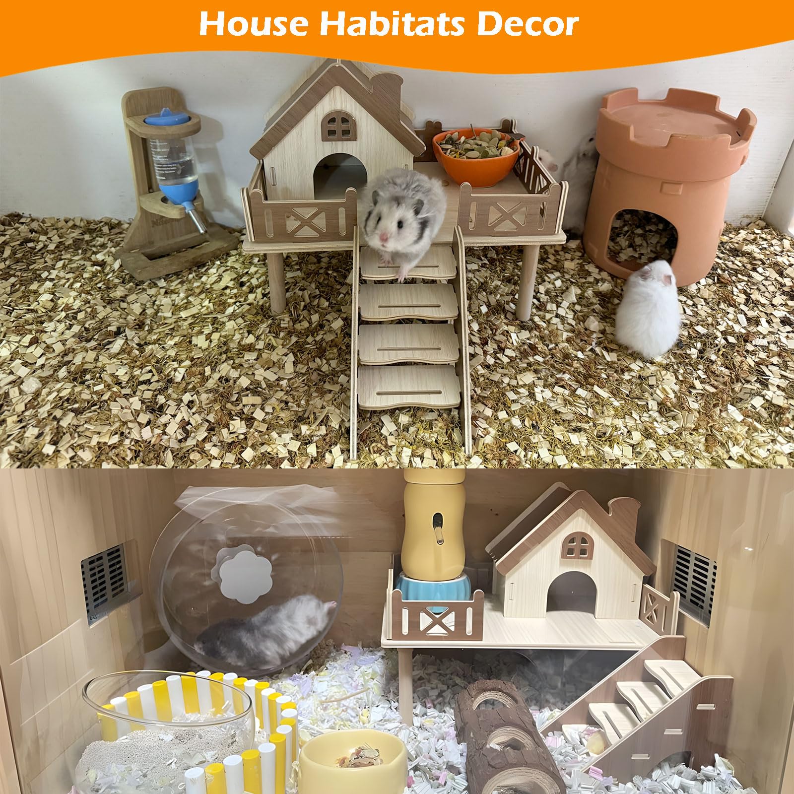 Jevnd hamster castle decor adds charm and safe play space within the enclosure.