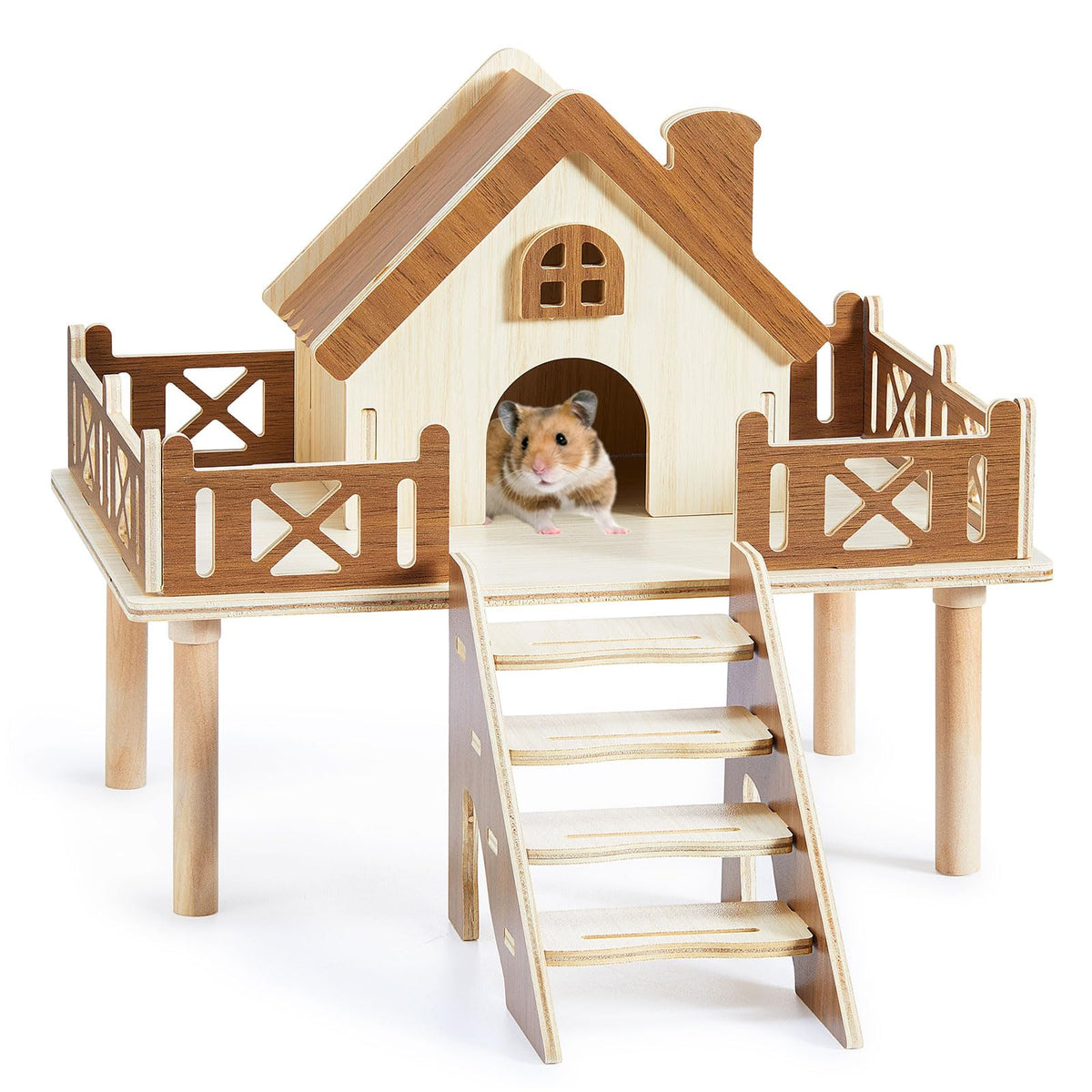Jevnd wooden hamster platform offers space saving play and feeding area in a cage.