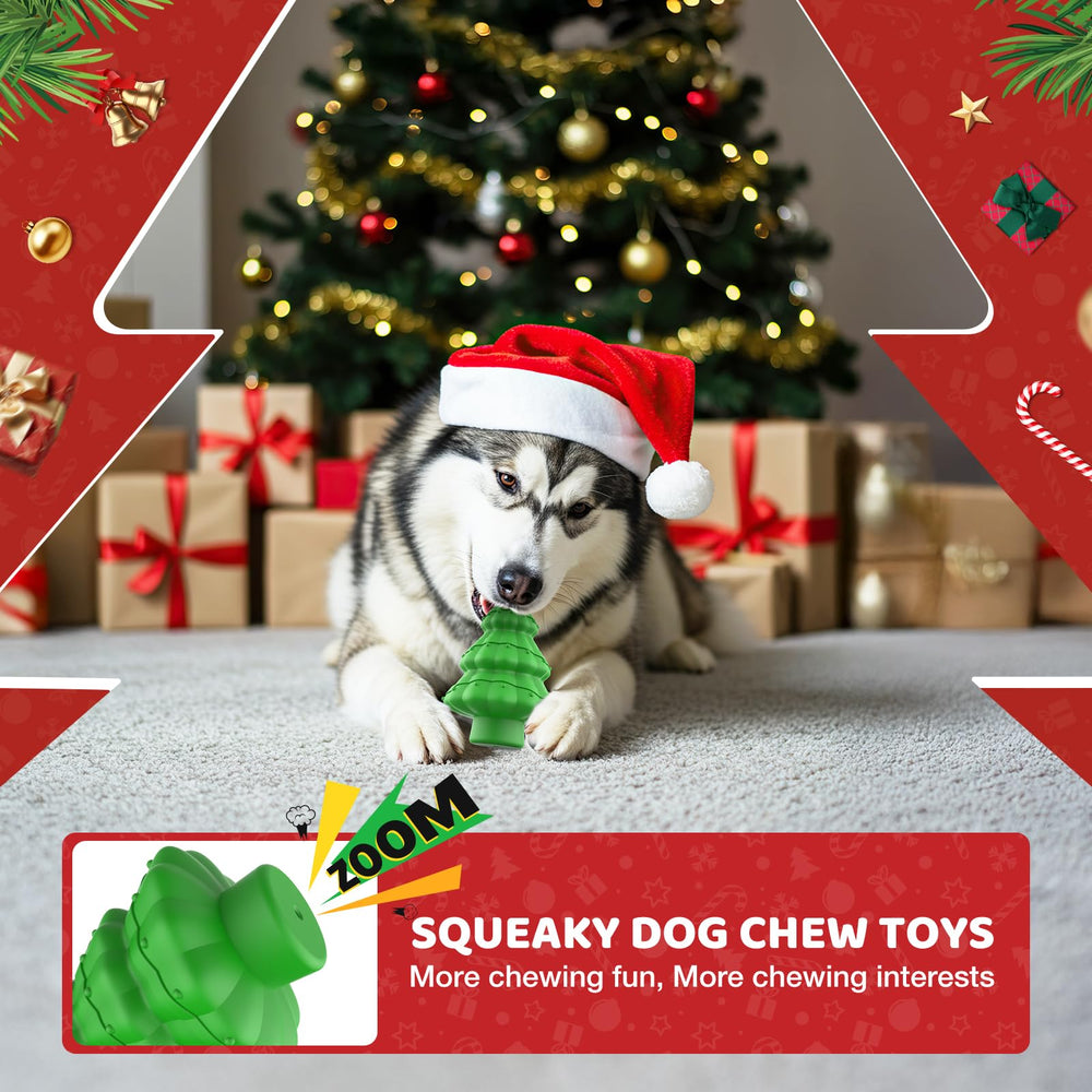 Jewyow Christmas dog toy tree side view shows a durable rubber surface for aggressive chewers.