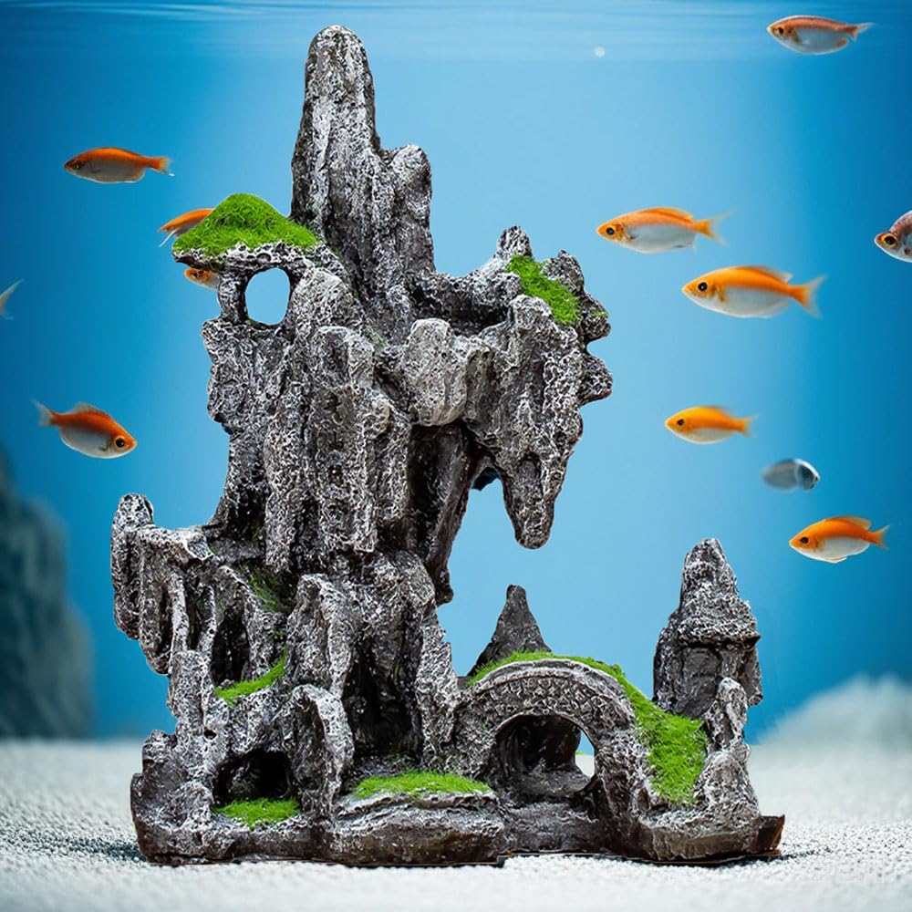 JGZTJXNK aquarium mountain view ornament showcases intricate textures for enrichment in tanks.