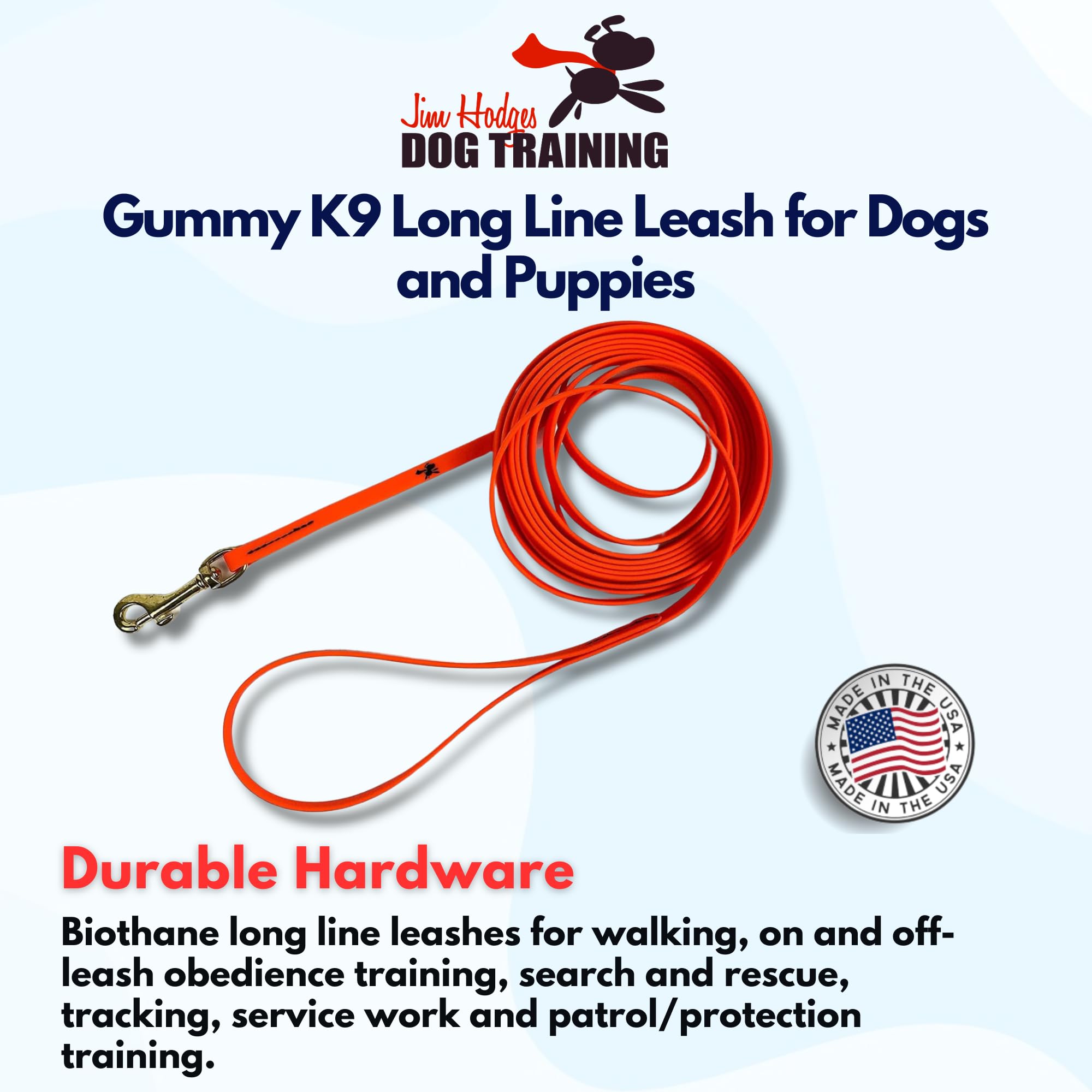 Jim Hodges Gummy K9 Biothane leash 20ft 1/2in versatile for walking and training.