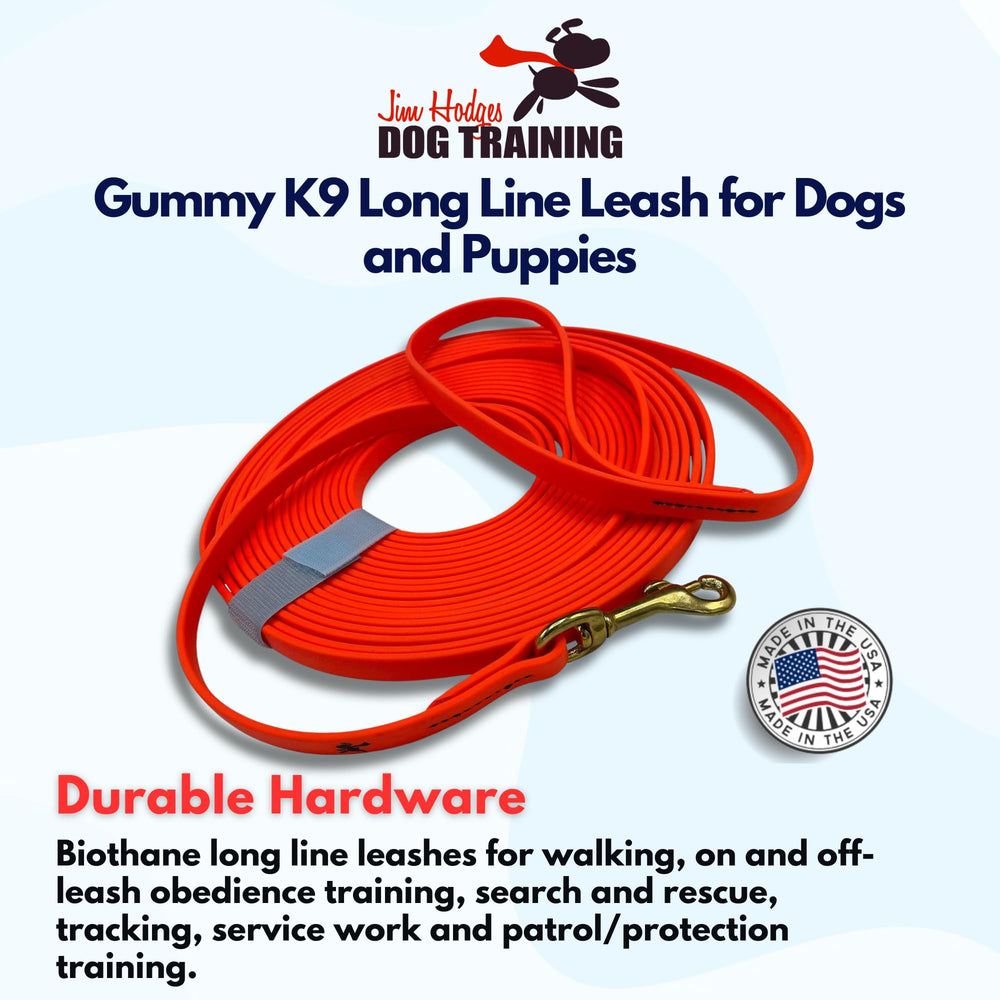 Jim Hodges Gummy K9 Biothane long line leash 32.5 ft in-use during outdoor training and tracking