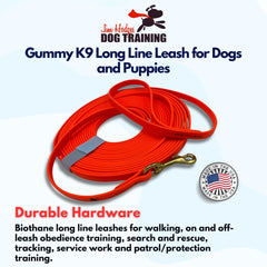 Jim Hodges Gummy K9 Biothane long line leash 32.5 ft in-use during outdoor training and tracking