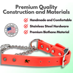 JIM HODGES DOG TRAINING martingale collar small orange hardware closeup highlights stainless steel durability
