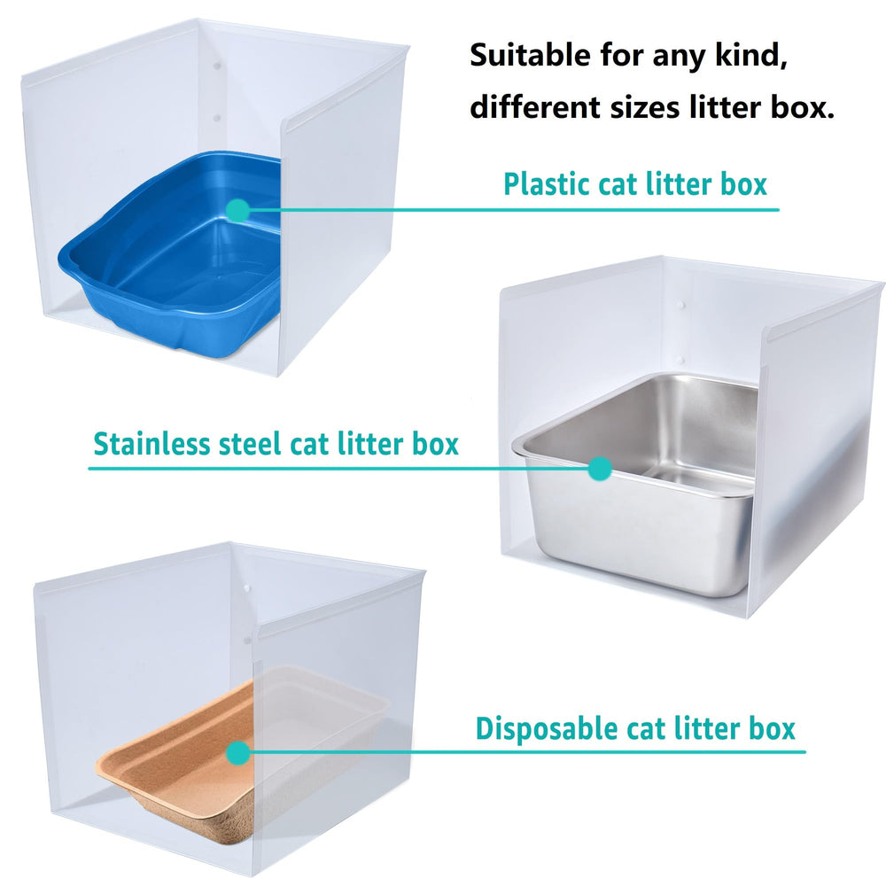 JIMEQI litter box guard three-sided protection keeps floors cleaner and walls drier.