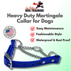 Jim Hodges Dog Training Biothane martingale collar XL blue highlights durable materials for all-weather daily wear.