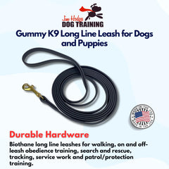 Jim Hodges Gummy K9 Biothane long line 15ft—soft, washable lead for controlled walks.