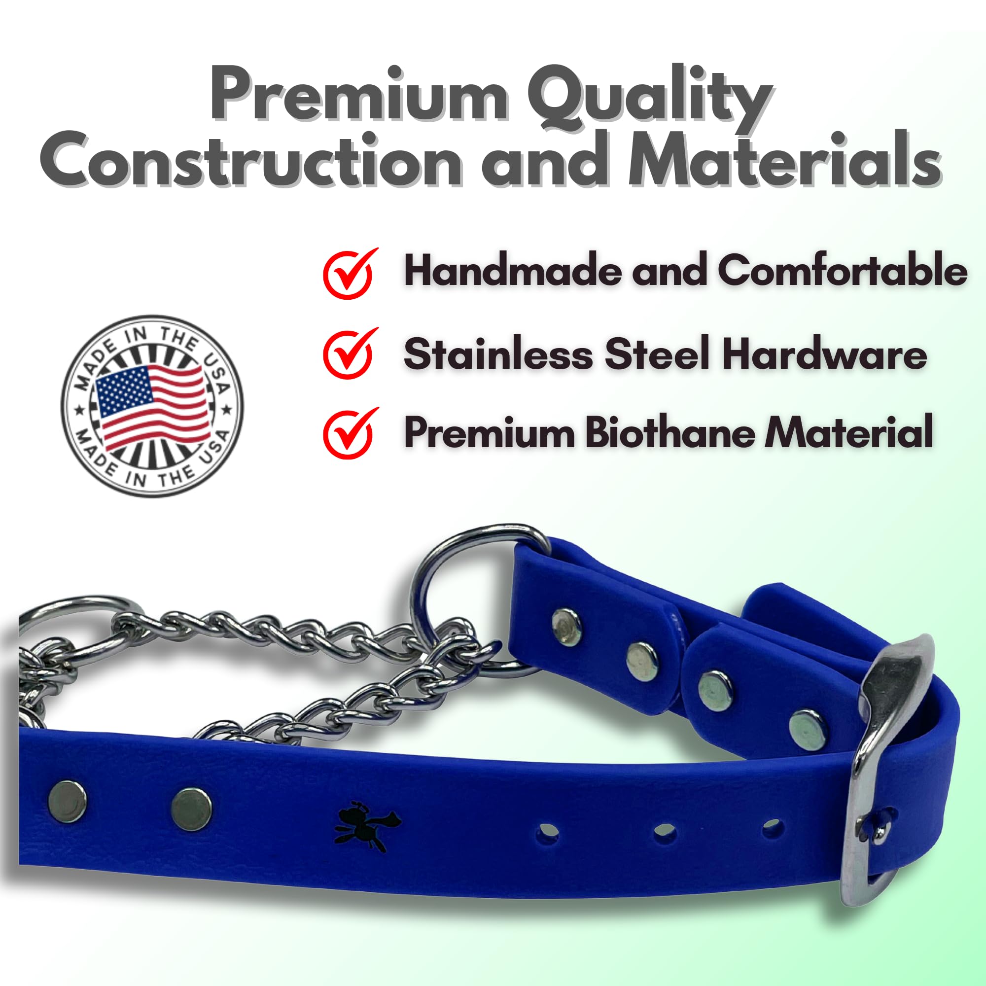 Jim Hodges Dog Training stainless steel hardware martingale collar emphasizes rust-resistant construction for active dogs.