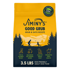 Jiminy's Good Grub dry dog food bag front highlighting hypoallergenic formula and USA-made claim