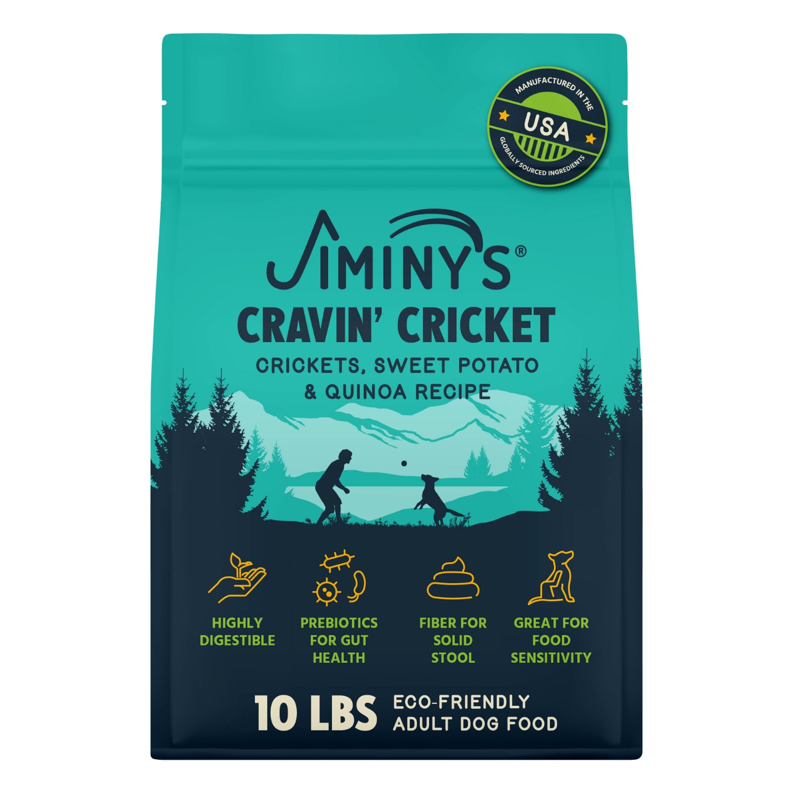 Jiminy's Cravin' Cricket dry dog food bag front showcases allergen-free, USA-made nutrition.