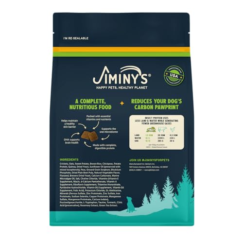Jiminy's Cravin' Cricket dry dog food bag label highlights cricket protein and natural ingredients for sensitive stomachs.